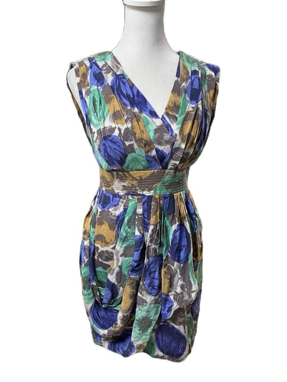 BCBGMaxAzria 100% Silk Green Purple Gold Bubble Circle Draped V-Neck Mini Dress